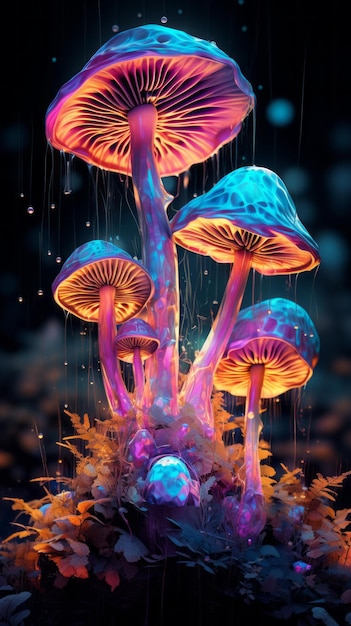 Świetlące grzyby neonowe Tło z magicznymi grzybami