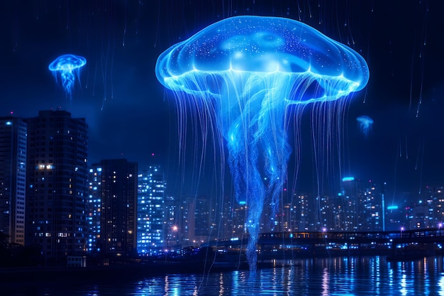 Zdjęcie Świetlące niebieskie meduzy ufo nad nocnym miastem