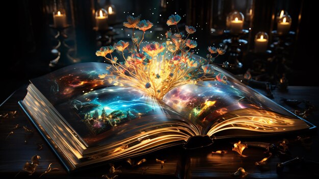 Świetlająca magiczna książka, z której rosną symboliczne rośliny.