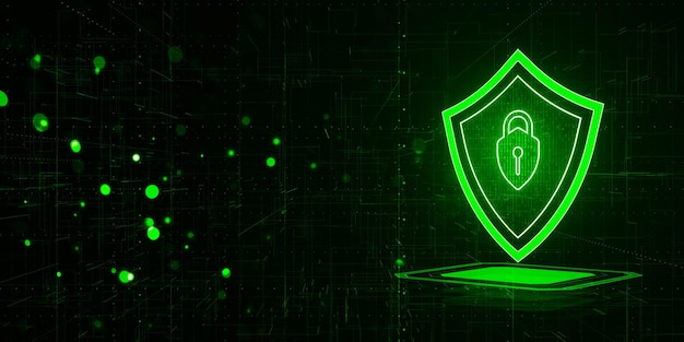 Świetlająca się zielona tarcza cyfrowa na tle płyty obwodowej przedstawiająca koncepcję cyberbezpieczeństwa w futurystycznym stylu 3D Rendering