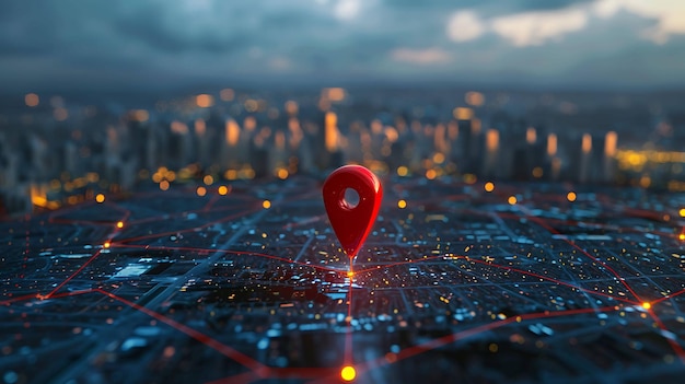 Świetle czerwony wskaźnik mapy oznacza lokalizację na futurystycznej mapie miasta