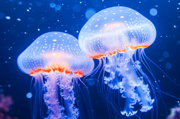 Świetle świecące meduzy wdzięcznie dryfujące pod wodą ich macki ciągnące się w głębokim niebieskim tle oceanicznym