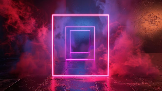Świetliwie różowy i niebieski neonowy kwadratowy tunel w ciemnym pokoju z pękniętymi grunge ścianami i dymną atmosferą