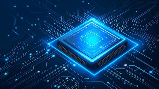 Świetliwy neonowy chip sztucznej inteligencji na tle technologicznym