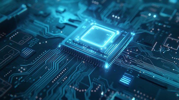 Świetliwy neonowy chip sztucznej inteligencji na tle technologicznym