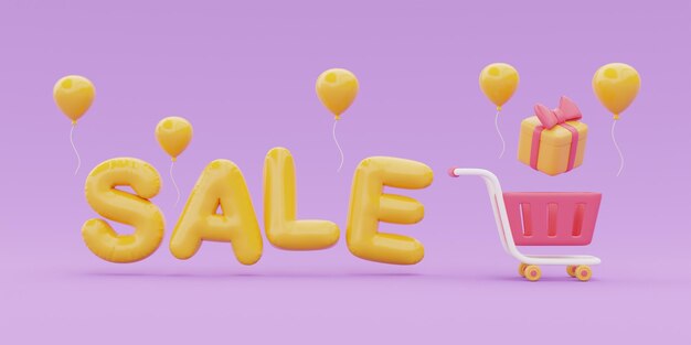Świetna koncepcja promocji rabatów i sprzedaży WYPRZEDAŻ słowo z pudełkami na prezenty w koszyku i balonem pływającym renderowaniem 3d