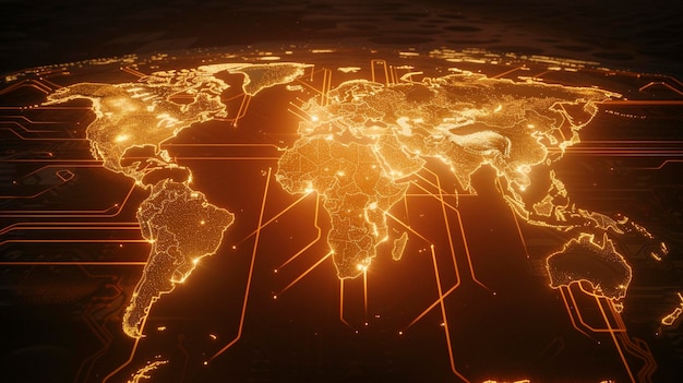 Świetnie świecące pomarańczowe cyfrowe pokrycia mapy świata