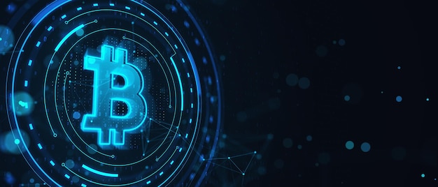 Świetnie świecący niebieski bitcoin na szerokim ciemnym tle Kryptowaluta i koncepcja finansowa Rendering 3D