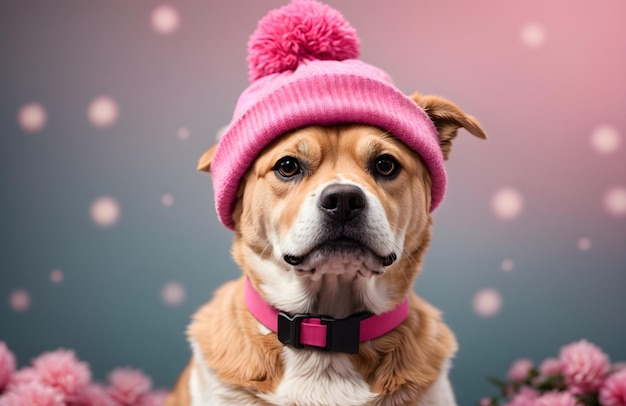 Świetny portret psa z różowym kapeluszem, tapeta zwierzęca, baner z tekstem w przestrzeni kopiowania