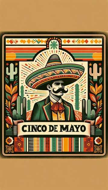 Święto Cinco de Mayo Vintage Poster Stylizowany Mężczyzna w Sombrero