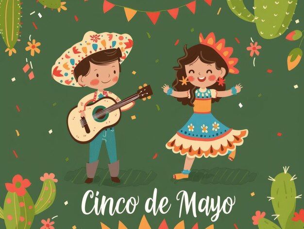 Święto Cinco de Mayo z mężczyzną i kobietą w meksykańskich tradycyjnych ubraniach tańczącymi grającymi na gitarze