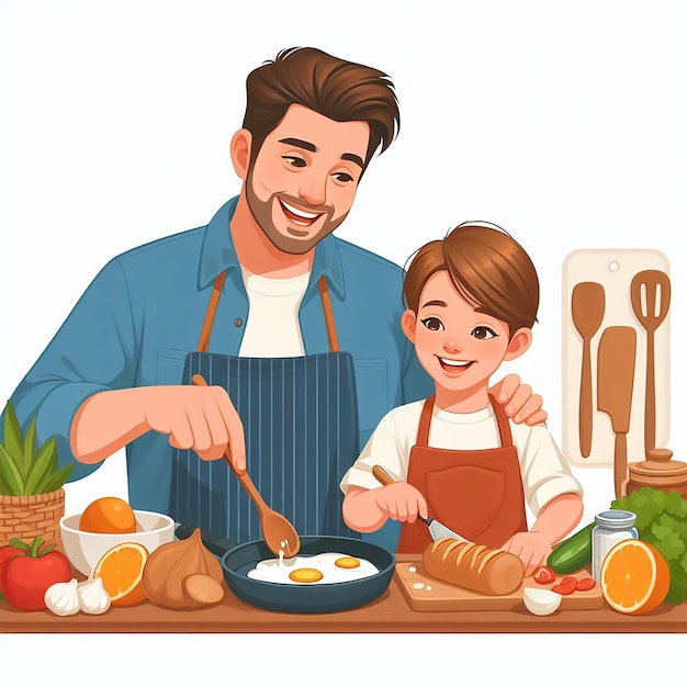 Święto Dnia Ojca ojciec i dziecko gotują razem śniadanie w kuchni generowane ai