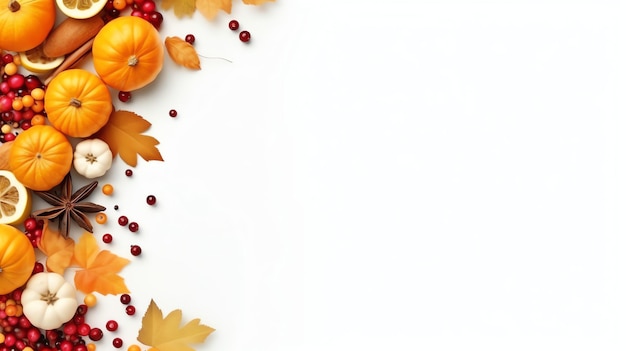 Święto Dziękczynienia lub jesienna kompozycja z liśćmi dyni i pomarańczy lub kurczakiem