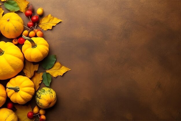 Święto Dziękczynienia lub jesienna kompozycja z liśćmi dyni i pomarańczy lub kurczakiem