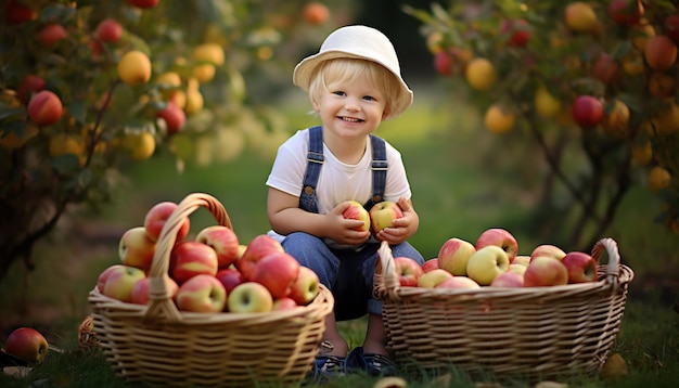 Święto Dziękczynienia wesoły mały chłopiec metaliczny kosz z jabłkami