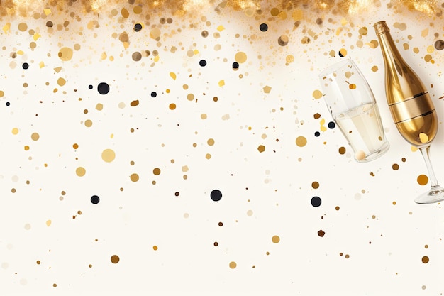 Zdjęcie Święto nowego roku ze złotymi konfetami i szampanem na beżowym tle