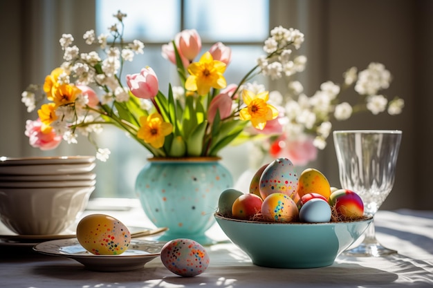 Zdjęcie Święto ozdobiony stół wielkanocny z kwiatami wazon muffin pełen kolorowych jaj