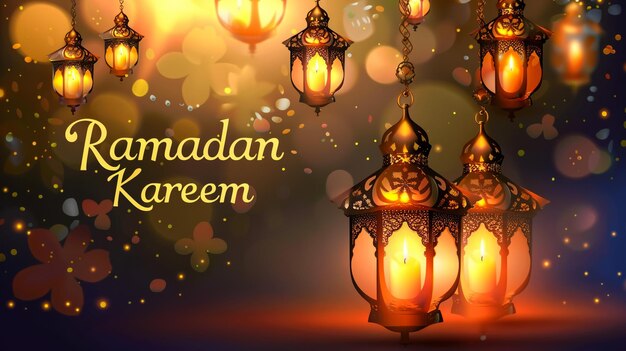 Święto Ramadanu Kareem z zawieszonymi latarniami i ilustracją wektorową księżyca