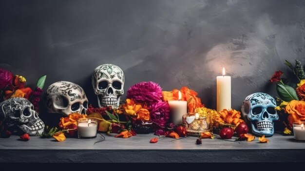 Święto Zmarłych tło ze świecami i kwiatami na czarnym tle
