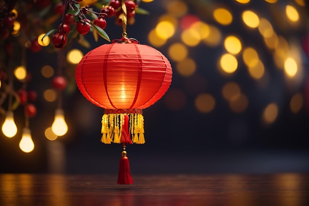 Świętowa czerwona papierowa chińska latarnia i żółty bokeh