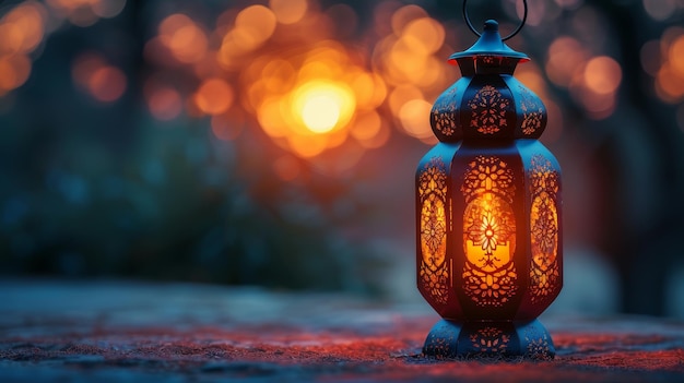 Świętowa kartka powitalna na święty miesiąc muzułmański Ramadan Kareem z ozdobną arabską latarnią z płonącą świecą w nocy