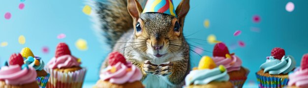 Świętowa wiewiórka w kapeluszu i otoczona kolorowymi ciastkami