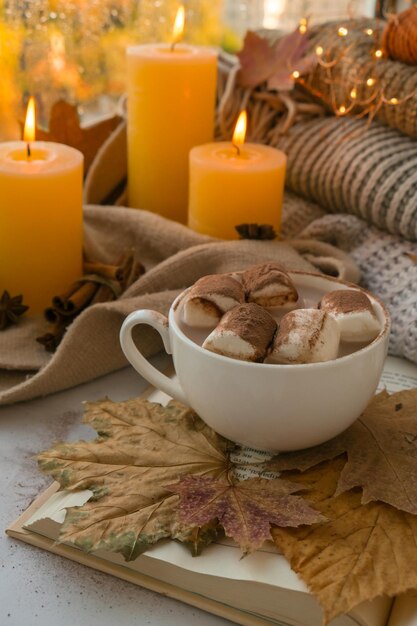 Zdjęcie Świętowanie jesiennych wakacji w przytulnym domu z filiżanką gorącej czekolady, marshmallows, kakao na oknie.