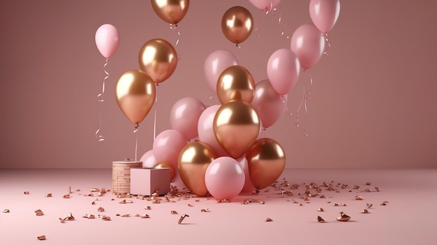 Świętowanie różowego tła z różowymi złotymi balonami prezentami i konfetti wygenerowanymi przez sztuczną inteligencję