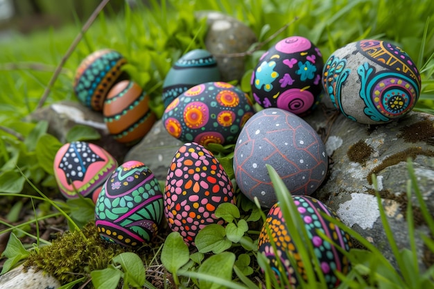 Świętowe i artystyczne ręcznie malowane skały świętujące Wielkanoc rozrzucone po bujnej zielonej trawie