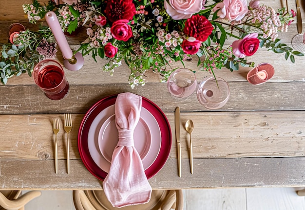 Zdjęcie Świętowe ustawienie stołu ze świecami i pięknymi czerwonymi kwiatami w wazonie