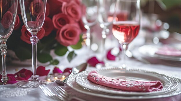 Świętowe ustawienie stołu ze świecami i pięknymi czerwonymi kwiatami w wazonie