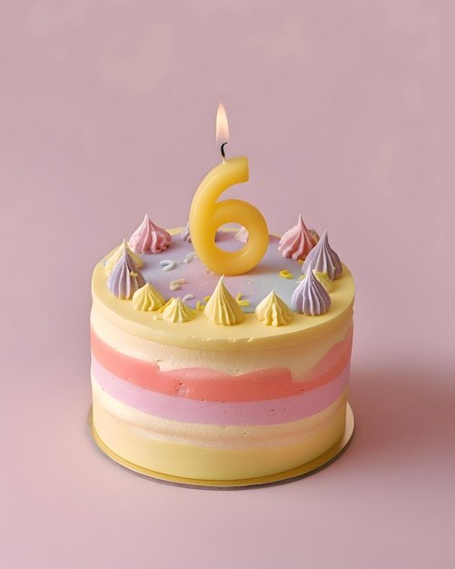 Świętowy pyszny tort urodzinowy z świecą numer 6 Sześć lat