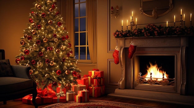 Świętowy salon z ozdobioną choinką bożonarodzeniową i przytulnym kominem oświetlonym ciepłym blaskiem
