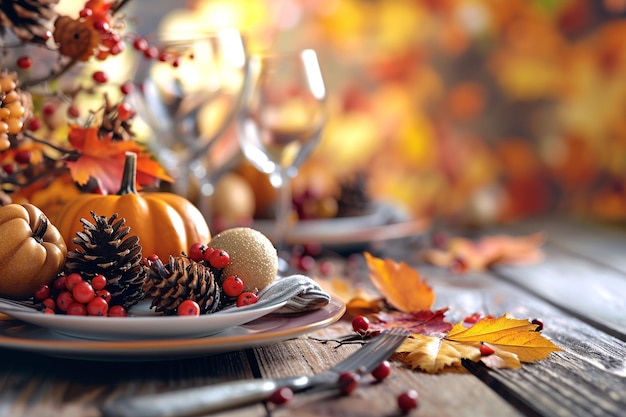 Świętowy stół na Święto Dziękczynienia z jesiennymi dekoracjami