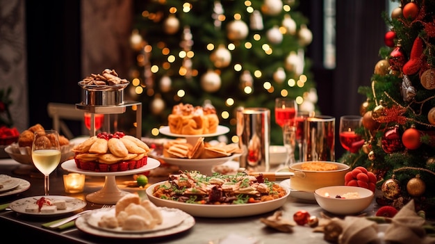 Świętowy stół z ozdobą bożonarodzeniową, szampanem i ciasteczkami na Sylwestra.