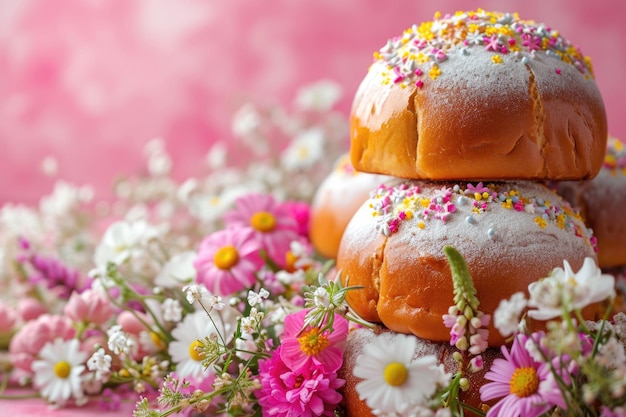 Zdjęcie Świętowy tort wielkanocny z kwiatami, symbolem świątecznym na różowym tle