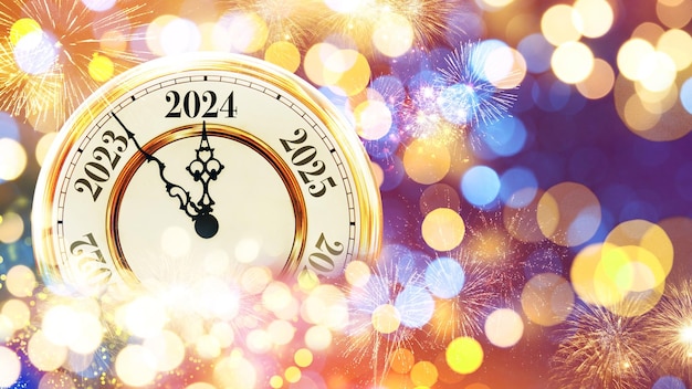 Zdjęcie Świętowy zegar vintage wskazuje nowy rok 2024 z bokeh i fajerwerkami kreatywny pomysł nowy rok 2024 i koncepcja bożego narodzenia świętowa karta zimowa wigilia nowego roku