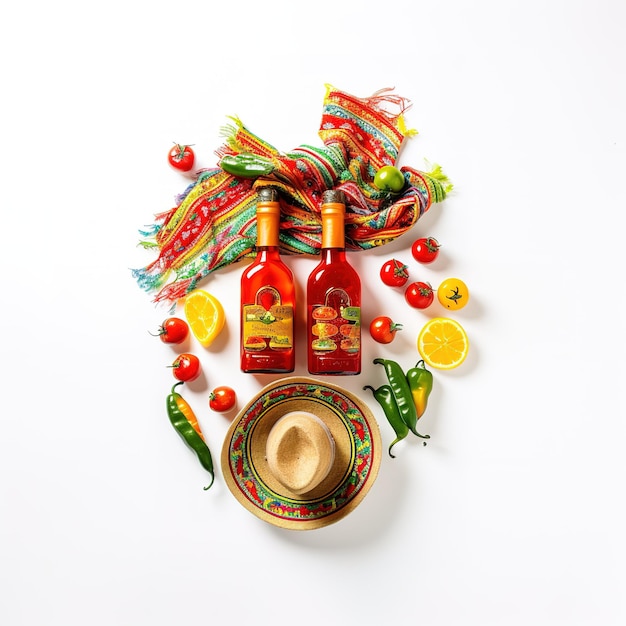 Świętuj Cinco de Mayo z tym zabawnym i świątecznym pionowym widokiem z góry na poncho sombrero i marakasy oraz kieliszki tequili, kliny limonkowe, papryczki chili na białym tle z przestrzenią do kopiowania