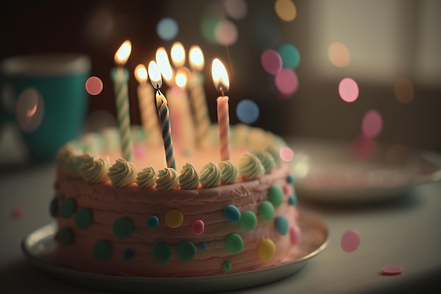 Świętuj tort urodzinowy ze świecami przy słabym oświetleniu Generative AI
