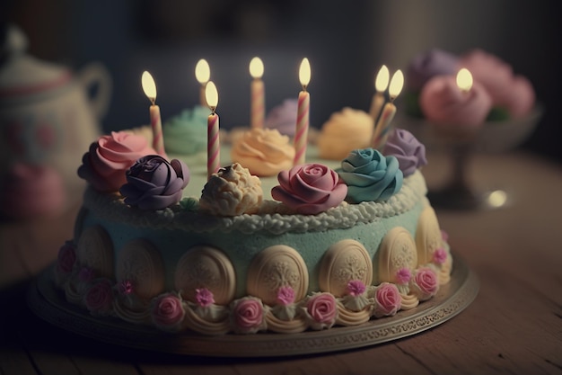 Świętuj tort urodzinowy ze świecami przy słabym oświetleniu Generative AI