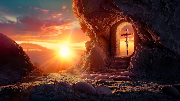Święty krzyż w naturze i ukrzyżowany Jezus na Święty Dzień i Wielki Piątek