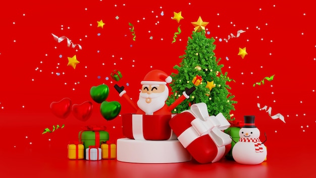 Święty Mikołaj bałwan i pudełko na prezenty choinkowe Szczęśliwego Nowego Roku i Wesołych Świąt renderowania 3D