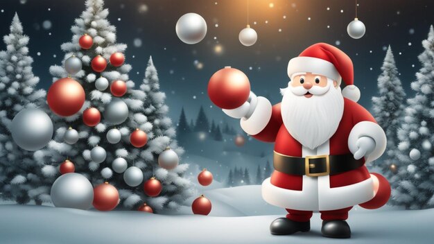 Święty Mikołaj bawi się i żongluje ozdobami bożonarodzeniowymi na świeżym powietrzu, na śniegu o zachodzie słońca