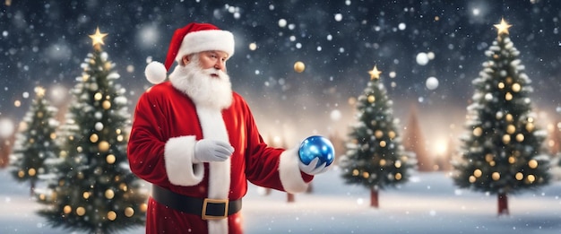 Święty Mikołaj bawi się i żongluje ozdobami bożonarodzeniowymi na świeżym powietrzu, na śniegu o zachodzie słońca