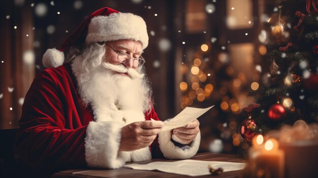 Święty Mikołaj czyta książkę Nowy Rok i Święta Bożego Narodzenia Atmosfera świątecznej pocztówki