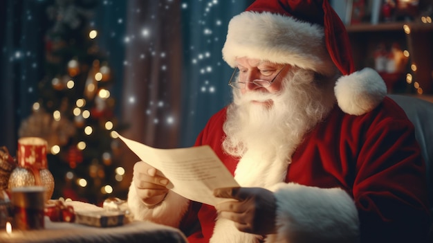 Święty Mikołaj czyta książkę Święta Bożego Narodzenia i Nowy Rok Atmosfera świątecznej pocztówki
