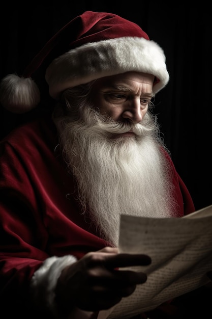 Święty Mikołaj czyta świąteczne listy Rozpowszechnia świąteczną magię Brak prawdziwej osoby Generatywne Ai