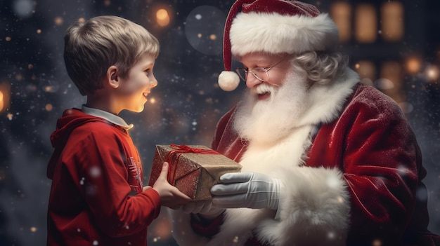 Święty Mikołaj daje prezent świąteczny małemu chłopcu w grudniu