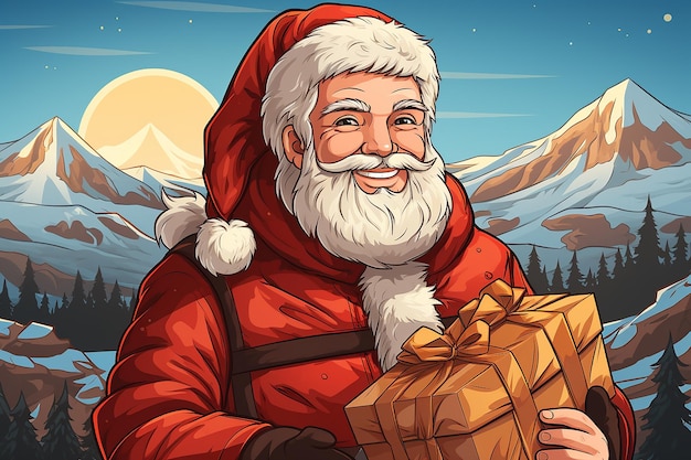Święty Mikołaj daje prezenty świąteczne, obecna ilustracja kreskówka wektor