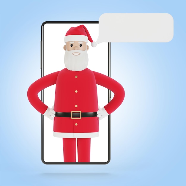 Święty Mikołaj dostarcza prezenty prezenty online ludziom Ekran smartfona ze Świętym Mikołajem Dostawa zakupów online Ilustracja 3D w stylu kreskówki